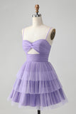 Bonito roxo A Line Espaghetti Correias Tulle Tiered Short Homecoming Dress