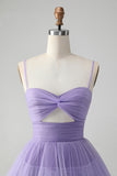 Bonito roxo A Line Espaghetti Correias Tulle Tiered Short Homecoming Dress