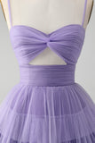 Bonito roxo A Line Espaghetti Correias Tulle Tiered Short Homecoming Dress