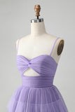 Bonito roxo A Line Espaghetti Correias Tulle Tiered Short Homecoming Dress