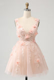 Sparkly Blush A Line V Neck Sequin Short Homecoming Dress com flores 3D