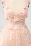 Sparkly Blush A Line V Neck Sequin Short Homecoming Dress com flores 3D