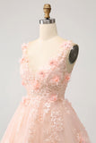 Sparkly Blush A Line V Neck Sequin Short Homecoming Dress com flores 3D