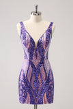 Sparkly Dark Purple Sequined Tight V Neck Homecoming Vestido