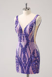 Sparkly Dark Purple Sequined Tight V Neck Homecoming Vestido