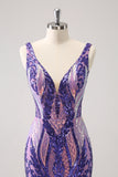 Sparkly Dark Purple Sequined Tight V Neck Homecoming Vestido