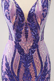 Sparkly Dark Purple Sequined Tight V Neck Homecoming Vestido