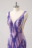 Sparkly Dark Purple Sequined Tight V Neck Homecoming Vestido