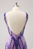 Sparkly Dark Purple Sequined Tight V Neck Homecoming Vestido