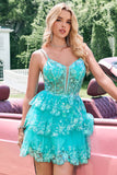 Verde Brilhante Uma Linha Esparguete Correias Espartilho Tiered Lantejoulas Homecoming Dress