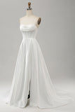 Elegante branco uma linha sem alças plissado varredura trem vestido de noiva com split