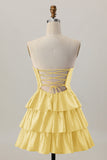 Laranja Strapless Tiered Uma linha cortada Homecoming Dress com frisos