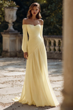 Vestido de Noiva Comprido em Chiffon Marfim com Ombros a Ombro e Linha-A