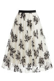 Saia Midi de Tule em Rede Floral 3D Feminina – Saia Longa Fairy de Cintura Alta em Linha A