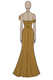Vestido De Baile Dourado com Fenda Longo Fora do Ombro Cetim