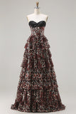 Espartilho Honeyheart A-Line Leopardo Castanho Vestido de Baile de Finalistas Longo em Níveis com Folhos