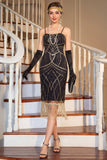 Vestido Midi dos anos 1920 com lantejoulas pretas e lantejoulas