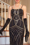 Vestido Midi dos anos 1920 com lantejoulas pretas e lantejoulas
