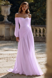 Vestido de Noiva Comprido em Chiffon Marfim com Ombros a Ombro e Linha-A
