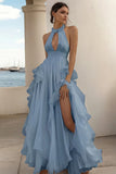 Branco Linha-A Cabeçada Chiffon Longo Vestido De Baile com Fenda