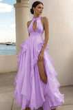 Branco Linha-A Cabeçada Chiffon Longo Vestido De Baile com Fenda