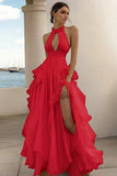 Branco Linha-A Cabeçada Chiffon Longo Vestido De Baile com Fenda