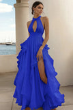 Branco Linha-A Cabeçada Chiffon Longo Vestido De Baile com Fenda
