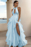 Branco Linha-A Cabeçada Chiffon Longo Vestido De Baile com Fenda