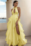 Branco Linha-A Cabeçada Chiffon Longo Vestido De Baile com Fenda