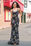 Vestido de Baile Longo Preto Brilhante com Alças Finas e Padrão Floral com Lantejoulas