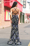 Vestido de Baile Longo Preto Brilhante com Alças Finas e Padrão Floral com Lantejoulas