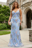 Vestido de Baile Longo Preto Brilhante com Alças Finas e Padrão Floral com Lantejoulas