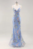 Vestido de Baile Longo Preto Brilhante com Alças Finas e Padrão Floral com Lantejoulas
