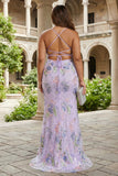 Vestido de Baile Longo Preto Brilhante com Alças Finas e Padrão Floral com Lantejoulas