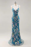 Vestido de Baile Longo Preto Brilhante com Alças Finas e Padrão Floral com Lantejoulas