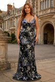 Vestido de Baile Longo Preto Brilhante com Alças Finas e Padrão Floral com Lantejoulas
