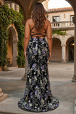 Vestido de Baile Longo Preto Brilhante com Alças Finas e Padrão Floral com Lantejoulas