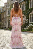 Vestido de Baile Longo Preto Brilhante com Alças Finas e Padrão Floral com Lantejoulas