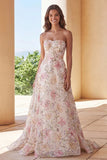 Vestido de Baile Longo Sem Alças com Padrão Floral Rosa Brilhante e Lantejoulas