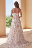 Vestido de Baile Longo Sem Alças com Padrão Floral Rosa Brilhante e Lantejoulas