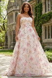 Vestido de Baile Longo Sem Alças com Padrão Floral Rosa Brilhante e Lantejoulas