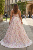 Vestido de Baile Longo Sem Alças com Padrão Floral Rosa Brilhante e Lantejoulas
