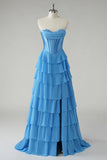 Vestido de Baile Fúcsia Comprido em Linha-A com Folhos e Camadas