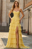 Vestido de Baile Fúcsia Comprido em Linha-A com Folhos e Camadas