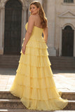 Vestido de Baile Fúcsia Comprido em Linha-A com Folhos e Camadas