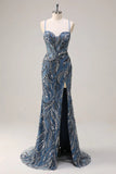 Vestido de Baile Longo Alças Finas Salva Brilhante Lantejoulas e Fenda