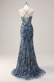 Vestido de Baile Longo Alças Finas Salva Brilhante Lantejoulas e Fenda