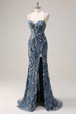 Vestido de Baile Longo Alças Finas Salva Brilhante Lantejoulas e Fenda