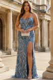 Vestido de Baile Longo Alças Finas Salva Brilhante Lantejoulas e Fenda