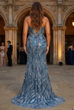 Vestido de Baile Longo Alças Finas Salva Brilhante Lantejoulas e Fenda
